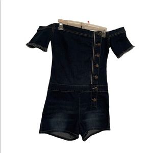 VIP JEANS off shoulder denim stretchy romper with raw hem sleeves size 7/8